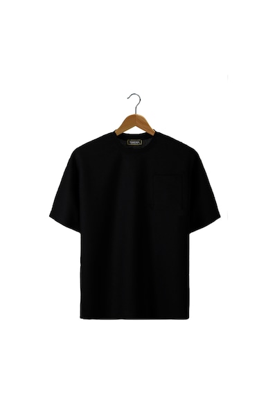Siyah Bürümcük Kumaş Oversize Kalıp Bisiklet Yaka Cepli T-shirt Siyah