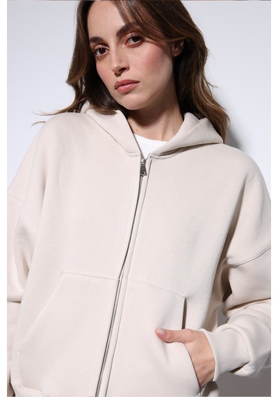 Antioch Fermuarlı Kapüşonlu Kadın Sweatshirt Taş