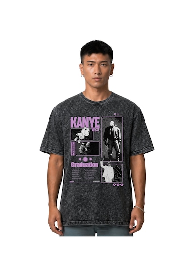 Sevbano Kanye West Rapper Şarkıcı Ön Baskılı Unisex Oversize Vintage Yıka Siyah