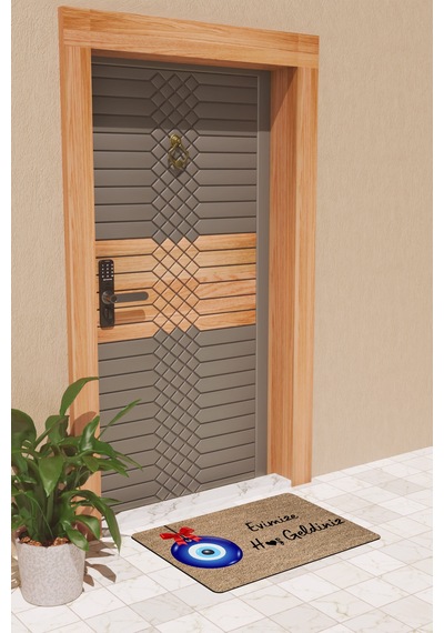 Rugmood Modern Dijtal Baskı Nazar Boncuklu Evimize Hoşgeldiniz Kapı Önü Paspası Kahverengi