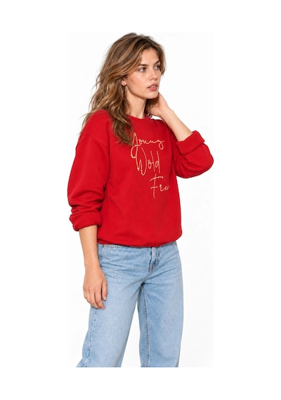 Mevese Kadın Parlak Taş Baskılı Salaş Kesim Üç İplik Sweatshirt - Kırmızı