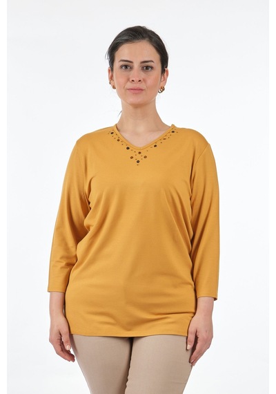 Desen Oversize V Yaka 3/4 Kol Kadın Bluz - Minimalist Tarz Bal
