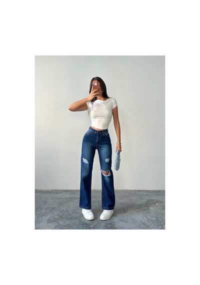 Blue Marlin Kadın Lazer Yırtık İşlemli Boyfriend Kot Bol Paça Pantolon Lacivert
