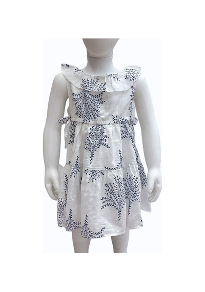 Çikoby Kız Bebek Çocuk Mavi Desenli Bel Lastikli Fırfırlı Elbise-13876 Beyaz
