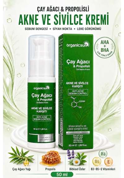 Organicsun Çay Ağacı Ve Propolisli Akne Ve Sivilce Karşıtı Cilt Bakım Kremi Siyah Nokta Ve Leke Görünümü Bakımı 50 Ml