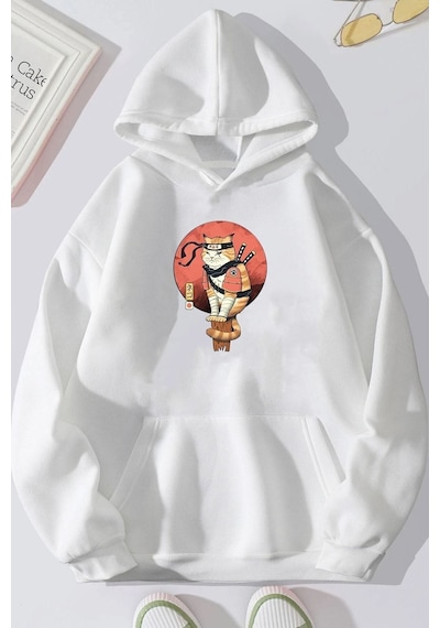 Uyguntarz Unisex Shinobi Kedi Baskılı Sweatshirt beyaz