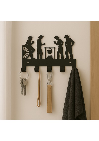 Lunoart Modern Kovboy Silüetli Metal Anahtarlık 5 Askılı Siyah Dekoratif Organizer Siyah