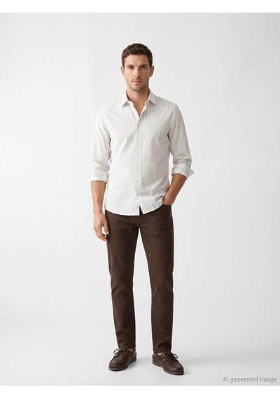 Lcw Busıness Bej Slim Fit Çizgili Erkek Gömlek