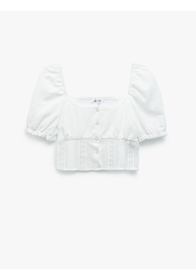 Koton Gipeli Poplin Balon Kol Dantel Detaylı Crop Bluz Ekru 5sal60018ıw Ekru