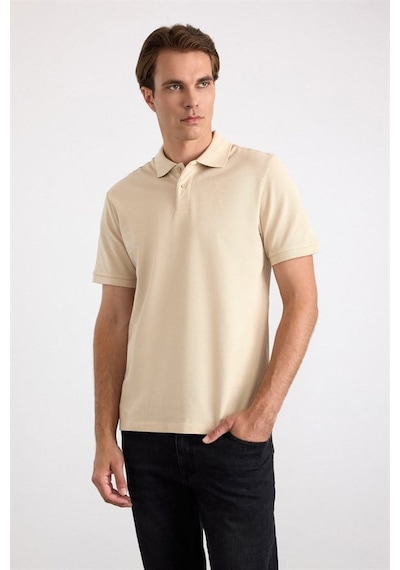 Süvari Bej Regular Düz Nakışlı Pike Düğmeli Polo Yaka Tişört Ts1014000473-bj3
