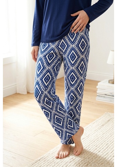 Mataş Kadın Desenli Bambu Viskon Uzun Kollu Soft Örme Mevsimlik Yumuşak Pijama Takımı Lacivert