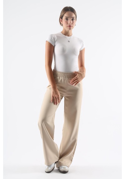 Dokuma Bej Geniş Paça Beli Lastikli Basic Uzun Kadın Pantolon Sh191 S