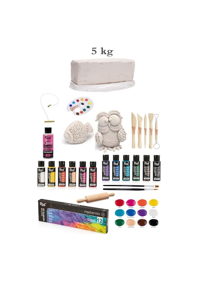 Vakumlu Çamuru Beyaz 5 Kg Rich Master Mix 60cc Akrilik 12'li Canlı Renk Seramik Başlangıç Seti