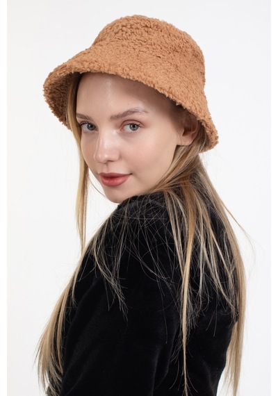 Ladycolor Kadın Kışlık Şapka Peluş Kumaş Bucket Modeli Camel Camel
