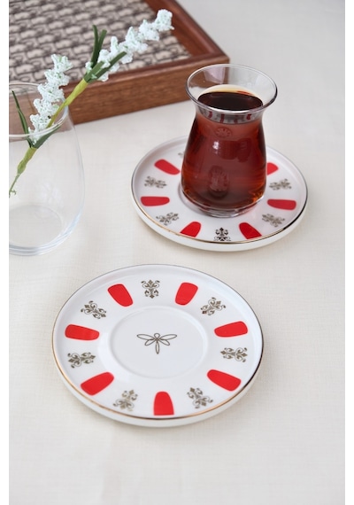 Tabak Evi Porselen Acem Zade Kırmızı Çay Tabağı 12,5cm 2 Li Çok Renkli