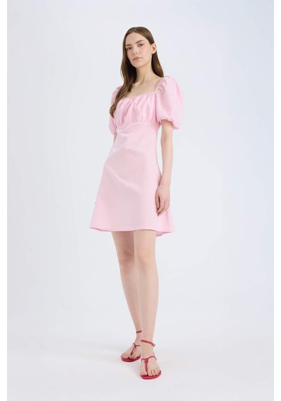 Defacto Kare Yaka Keten Karışımlı Kısa Kollu Mini Elbise D8272ax25smpn663 Pembe-pn663