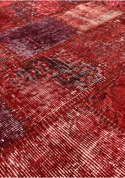 Modern Bohem Stil Vintage Halı Özel Tasarım Kırmızı Patchwork Koleksiyonu Kırmızı