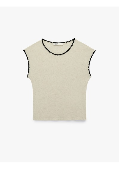 Koton Keten Karışımlı Slim Fit Nakış Detaylı Bisiklet Yaka Kolsuz Tişört Ekru 6sak50375ek