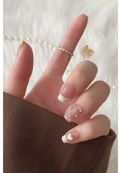 Small Beden Kısa Takma Tırnak 10 Adet Charm Taşlı Küt Tırnak T074 French Charm