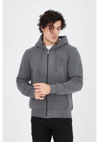 Mbb E-ticaret Erkek 3 İplik Pamuklu Fermuarlı Kapüşonlu Kanguru Cepli Hoodie Hırka Sweatshirt - Füme