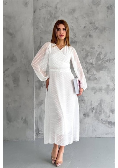 Neşeli Butik Kadın Kemer Detaylı Astarlı Ponpon Şifon Elbise Nbkklf2052 Ekru