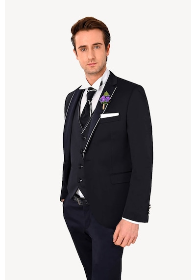 Ysf Erkek Lacivert Yelekli Mono Yaka Slim Fit Damatlık