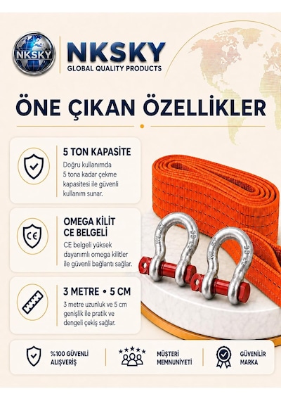 Tr 5 Ton Araç Çekme Halatı 3 Metre 5 Cm Genişlik Ce Belgeli Omega Kilit Oto Çeki Halatı Turuncu