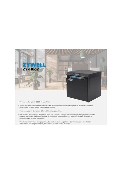 Zywell Zy-h862 Thermal / Otomatik Kesicili Usb+seri+eth+wıfı Slip / Fiş Yazıcı 350mm/s / 80mm Siyah