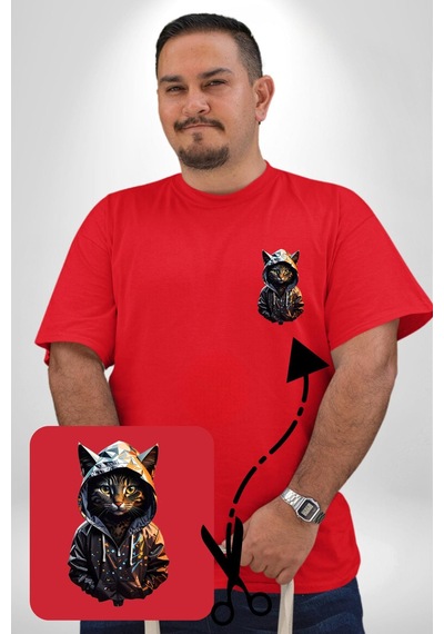 Angemiel Hip Hop Gençlik Kedi Çeket Kırmızı Büyük Beden Kadın Basic Minimal Baskılı Tişört Kırmızı