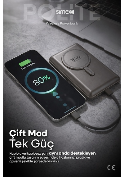 Simex 10.000mAh MagSafe Powerbank 15W Wireless / 22.5W Hızlı Şarj - Dahili Type-C Lightning Kablolu S-38