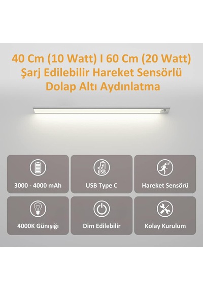 Hareket Sensörlü - Dekoratif Gece Lambası Usb Şarjlı 30 Cm Silver Gümüş