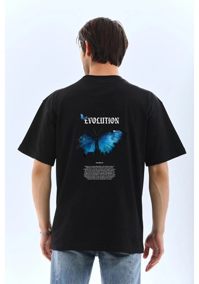Erkek Kısa Kol Yazlık Tişört Bisiklet Yaka Kelebek Baskılı T-shirt - Siyah