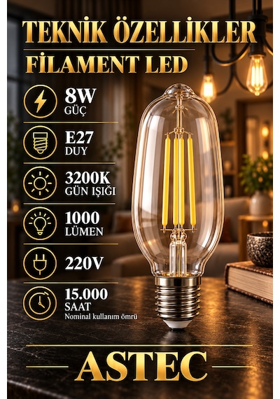Astec E27 Edison Gün Işığı Ampul 8 Watt 3200k Gün Işığı Dekoratif Filament Led