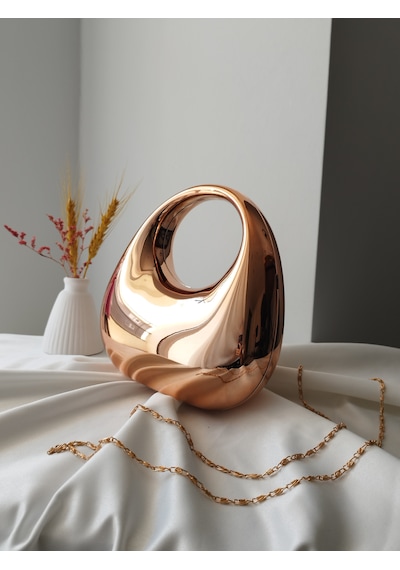 Vivazzaluxe Modern Tasarım Oval Tutmalı Küçük Boy Kadın Abiye El, Omuz Çanta Altın