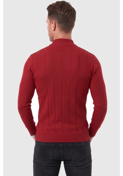 Deepsea Erkek Bordo Slim Fit Likralı Tüylenme Yapmayan Yarım Balıkçı Çizgili Triko Yarım Boğazlı Kazak 2505503 Bordo