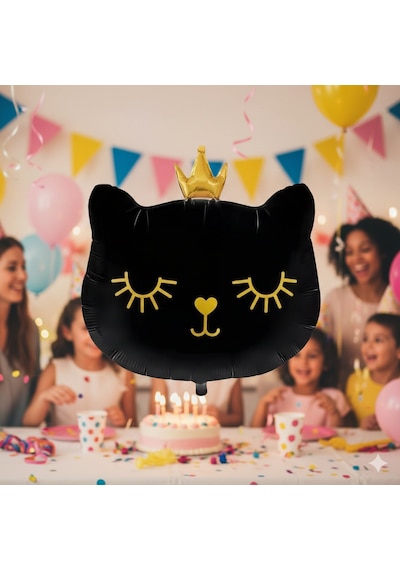 30 İnç Siyah Kedi Kafası Taçlı Folyo Balon - Doğum Günü Parti Dekorasyon Balonu Çok Renkli