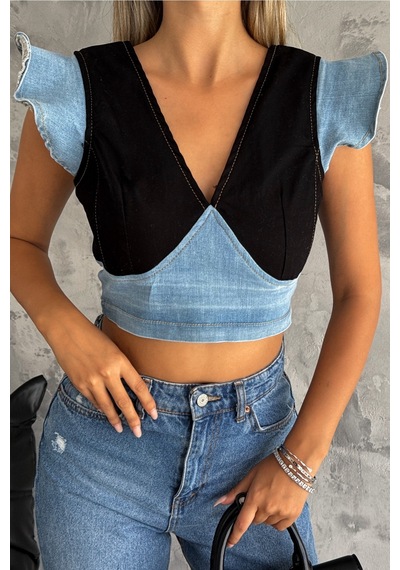 Femelle Kadın Siyah Sırtı Fermuarlı Crop Kot Bluz