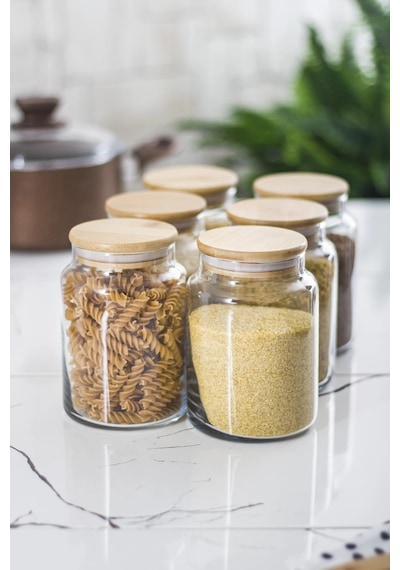 6 Lı Set Bambu Kapaklı Cam Kavanoz & Erzak Saklama Kabı 800 Ml Orta Boy Vakum Kapak Çok Renkli