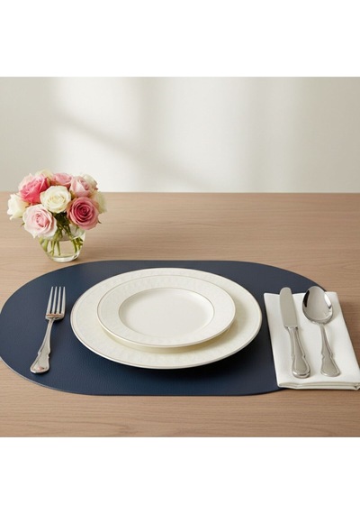 6 Kişilik 12 Parça Lacivert Tam Oval Deri Amerikan Servis Supla 33x44 Cm-kolay Silinir Supla