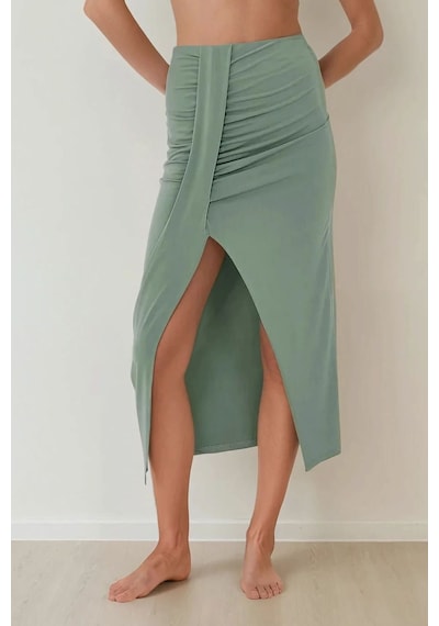 Hiccup Drapeli Yüksek Bel Bodycon Sandy Maxi Etek Haki Yeşil