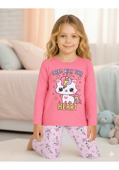 Kız Çocuk Uzun Kollu %100 Pamuklu Pijama Takımı Unicat Şeker Pembe