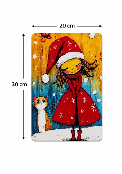 Upeka Kedi Ve Kız Noel Temalı Şık Modern Tasarım Dekorasyon Metal Duvar Tablo 30cmx20cm