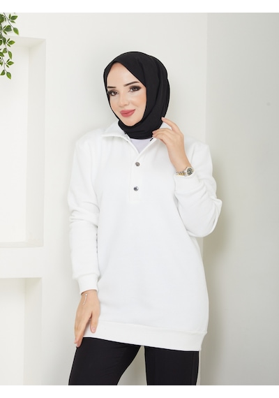 Raika Moda Kapşonlu 3 İplik Büyük Beden Tesettür Sweatshirt Ekru