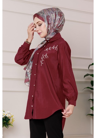 Sevitli Önü İnci Taş İşlemeli Tunik-bordo-4791 Bordo