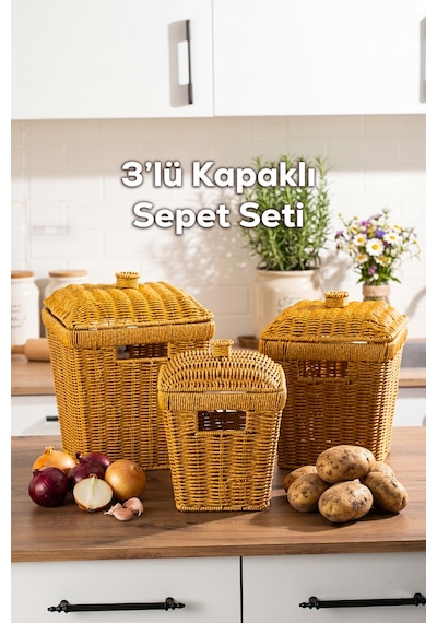 Porsima Pbt-919-2 3lü Hasır Sepet Kapaklı Bambu Sepet Seti Dekoratif Banyo Mutfak Düzenleyici Patates Soğan Sepeti Organizeri Ahşap