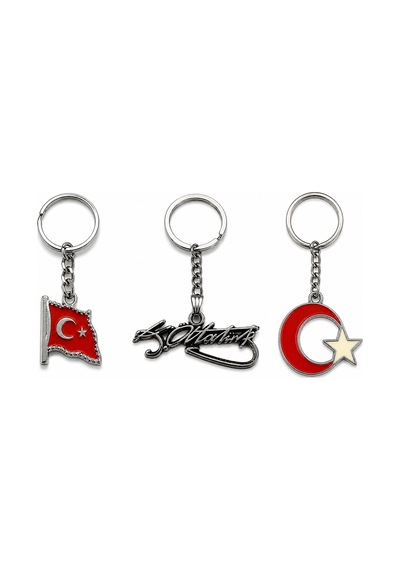 3 Lü Türk Bayrağı Ve Atatürk İmzalı Milli Temalı Anahtarlık Seti