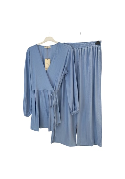 Hasenna Z-521 Pile Ve Kimono Detaylı Pantolonlu Çilek İkili Takım Buz Mavisi