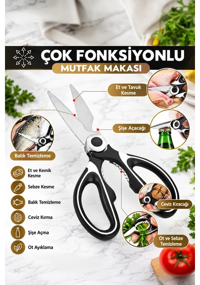 Porsima Pbt-934 Çok Fonksiyonlu Paslanmaz Çelik Mutfak Makası 20 Cm - Koruyucu Kılıflı Et, Tavuk, Balık Kesme & Ceviz Kıracaklı Mutfak Makası Siyah