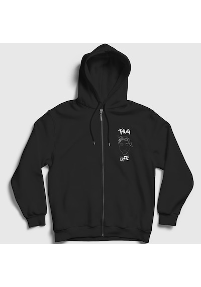 Presmono Unisex Thug Life Tupac Shakur Fermuarlı Kapüşonlu Sweatshirt Siyah