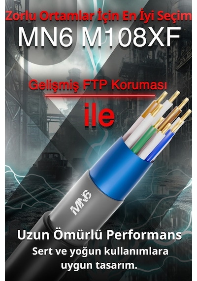MN6 M108XF Cat6 FTP Ethernet Kablosu 305 Metre Dış Mekan UV Korumalı Çift Katmanlı PE+PVC Parazit Önleyici 23AWG 0.60mm